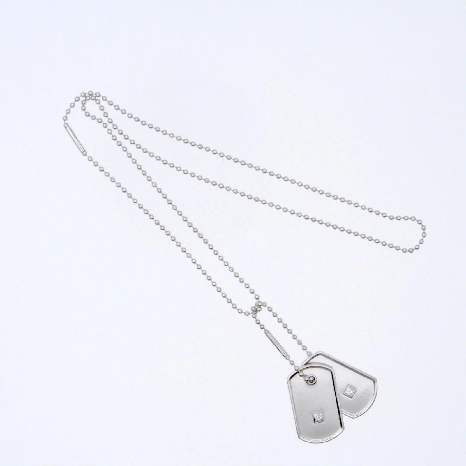 Gucci 18K White Gold Diamond Double Dog Tag Pendant Necklace